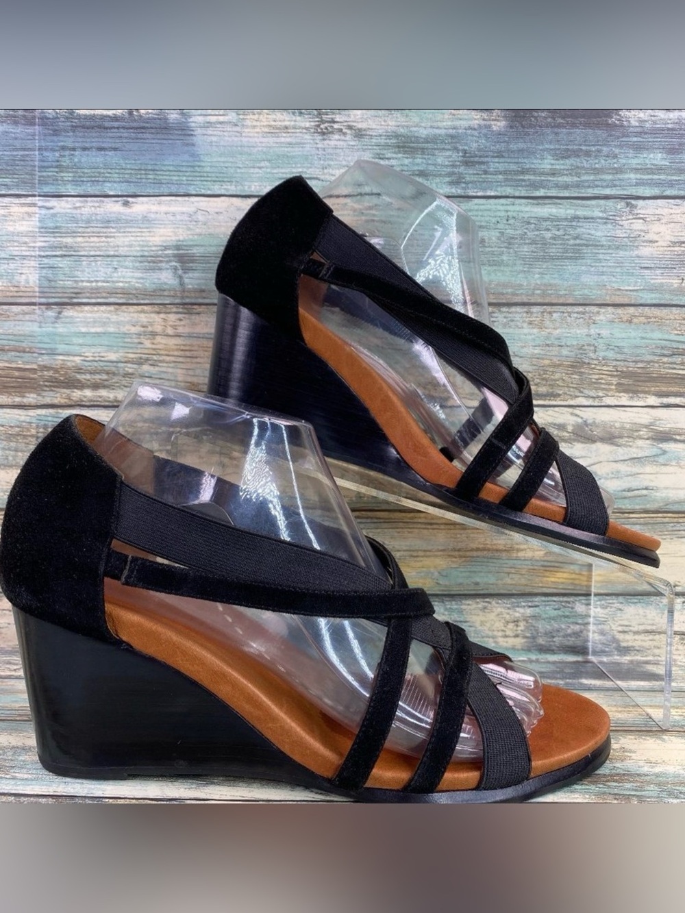Gentle Souls Glibber Womens Sandals Size 8.5M Black Leather Wedge Heel Slip On